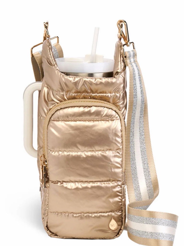 Wanderfull Gold Quilted Crossbody Bottle Bag With Adjustable Stripe Strap